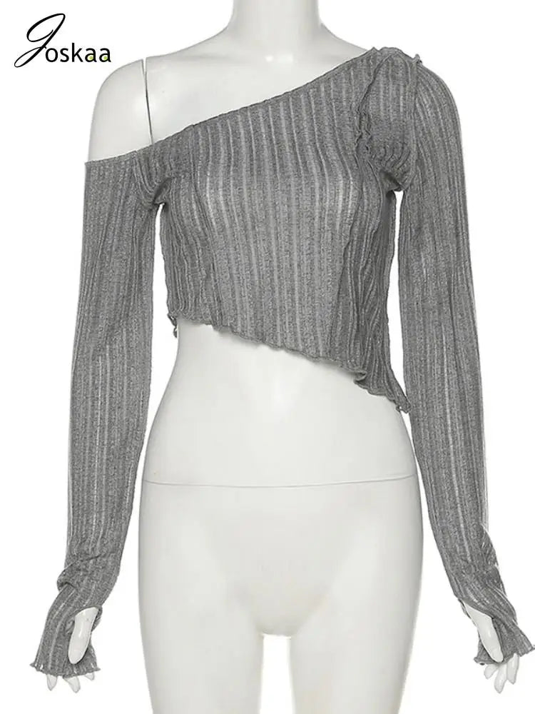 Joskaa Solid Oblique Shoulder Long Sleeve Irregular T-Shirt Women Hipster Sexy Crop Tops 2024 Spring Fashion Slim Tees Clubwear