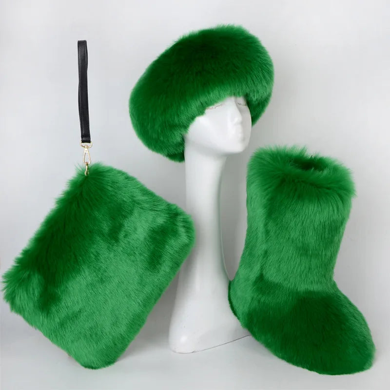 Women High Quality Fur Snow Boots One Fur Plus Velvet Thick Plus Size Snow Boots Headband Clutch Bag Imitation Fox Fur Boots Set