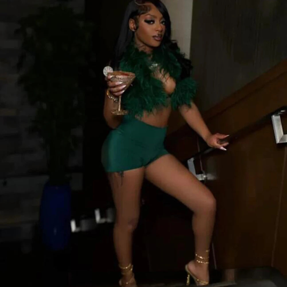 Luxury Fur Patchwork 2 Pieces Set for Woman Outfit Summer 2025 New Tank Top and Stretch Shorts Midnight Club Wear Party Suits