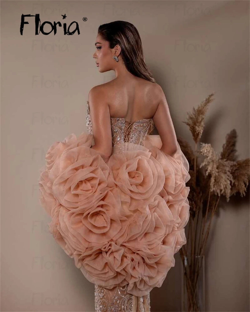 Champagne Strapless Flower Cloak Prom Dresses Beading Elegant 2025 Formal Occasion Gown Mermaid Cocktail Dress Customized