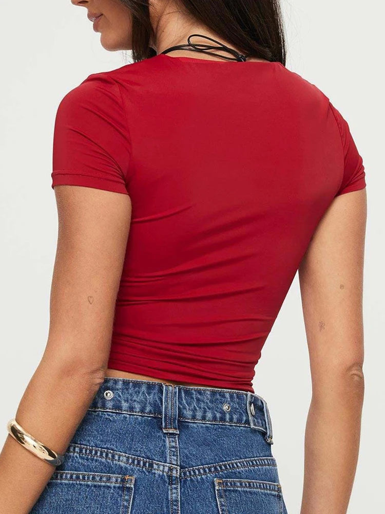 Summer Sexy Women U-neck Short-sleeve T-shirts Slim Elastic Skinny Crop Tops Solid Female Casual Pullovers Basic Tee Y2k Clothes