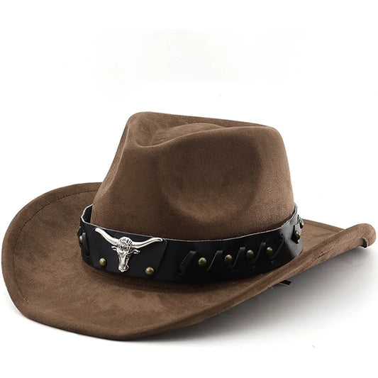 Western Cowboy Roll up Edge Large Edge Cowboy Hat Bull Head Accessories Imitation Leather Velvet Jazz Hat Riding Felt Hat