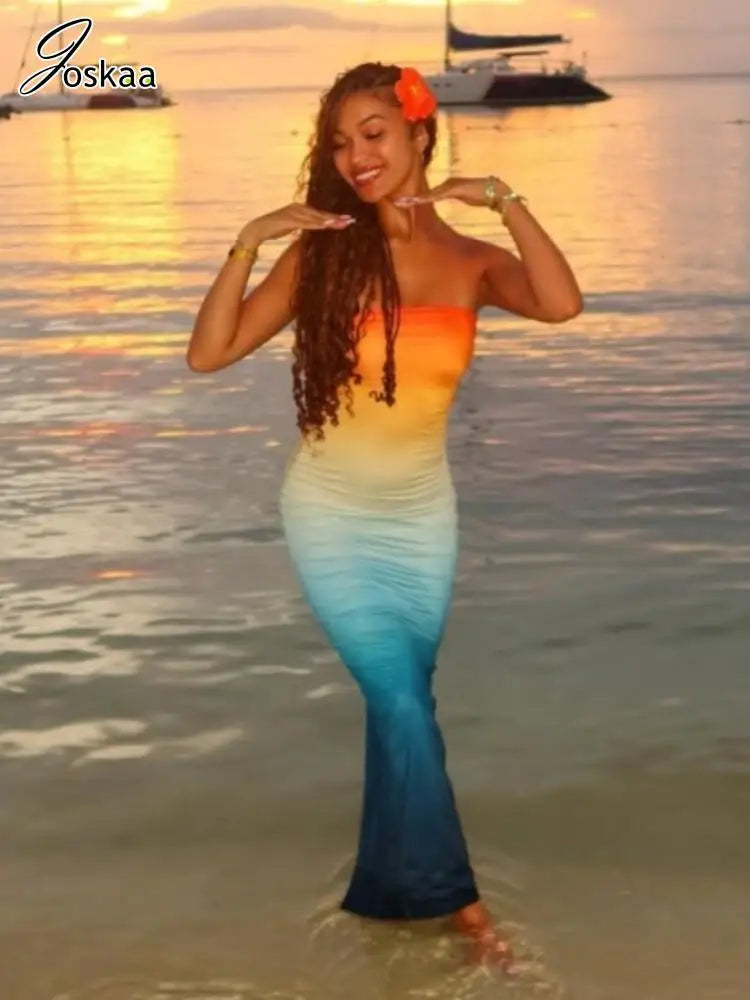 Joskaa 2025 Summer Women's Gradient Print Maxi Dress Sexy Wrap Chest Backless Slit Bodycon Vestdios Holiday Beach Y2K Clubwear