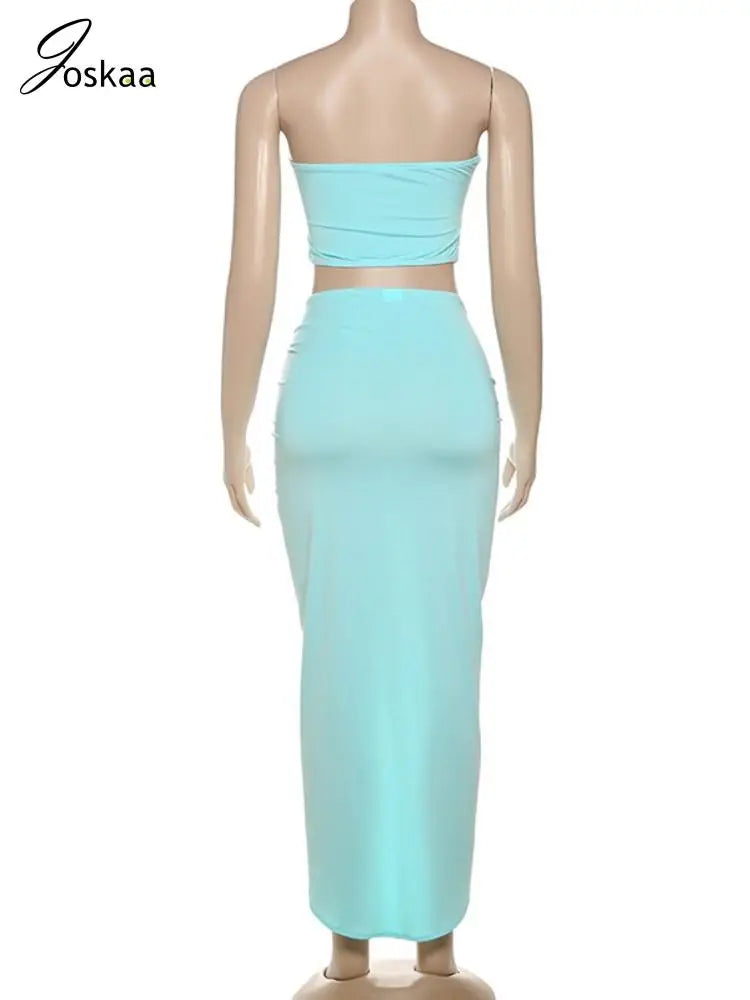Joskaa 2025 Summer Women 2 Piece Sets Sexy Hollow Ruched Tube Top+High Waist Slit Skirt Matching Holiday Birthday Party Clubwear