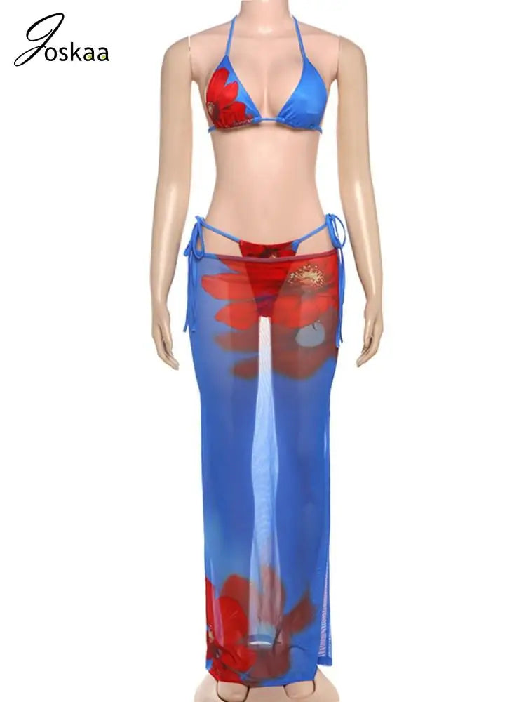 Joskaa Printed Bikini Three-Piece Set Women Swimsuit Sexy Halter Bra+Briefs+Sheer Mesh Maxi Skirt Match 2025 Vacation Beachwear
