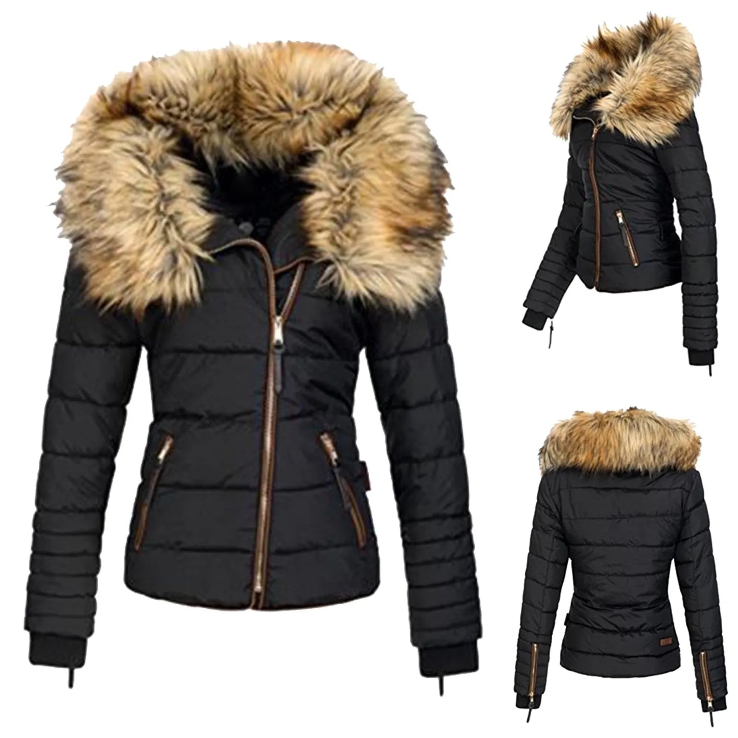 Solid Color Winter Waist In Down Jackets For Women Full Zip Long Sleeve Casual Autumn Fur Collar Warm Coat Chaquetas De Mujer