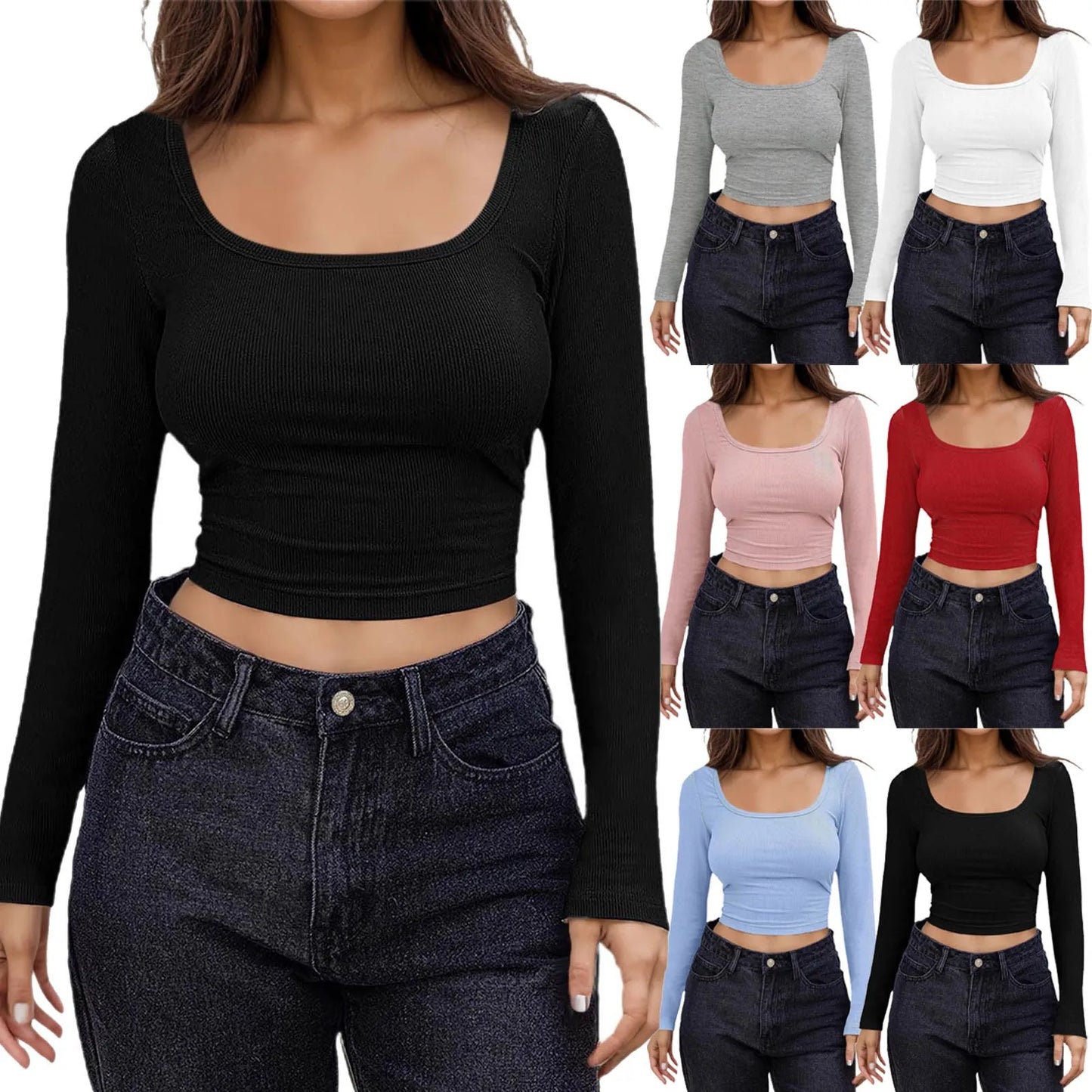 Dry Wick Tee Women Long Sleeve Scoop Neck Shirts Casual Slim Fit Rib Knit Tops Summer Fall Cotton Workout Shirt Round Neck