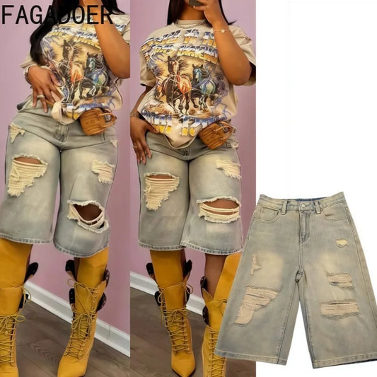 FAGADOER Retro Casual Denim Straight-Leg Shorts Women Old Hole Patchwork Loose Cowboy Jeans Female Streetwear Bottoms 2025 New
