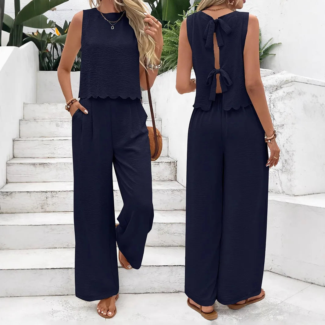 Summer Women 2 Pieces Outfits Contrast Lace UP Hollow V-Neck Tank Top Blouses & High Waist Wide Leg Pants Set For Women