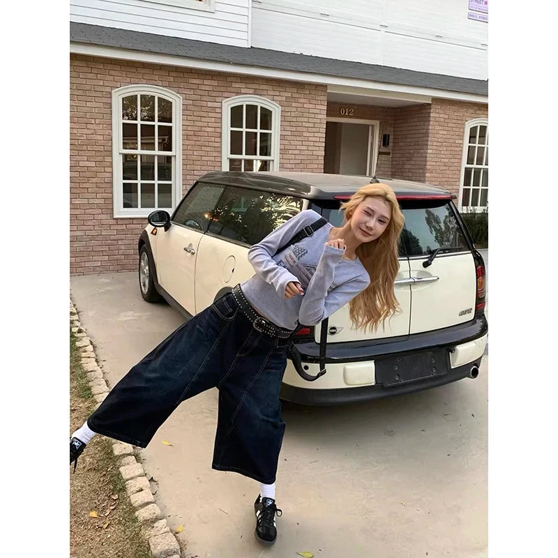 Dark Blue Retro Wide Leg Loose Denim Pants Y2K 2000s Women's High Waist Baggy Jeans Summer Korean Plus Size Women Clothes