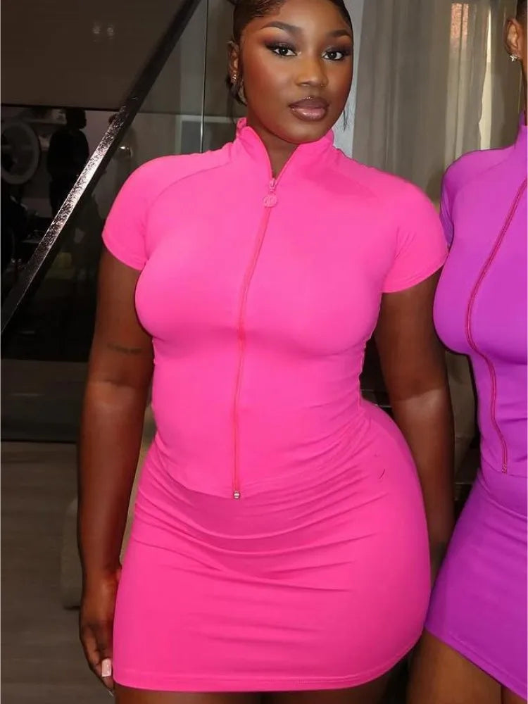Joskaa Sporty Yoga 2 Piece Sets Women Casual Short Sleeve Zip Crop Tops and Mini Skirt Matching 2025 Summer Fitness Tracksuits