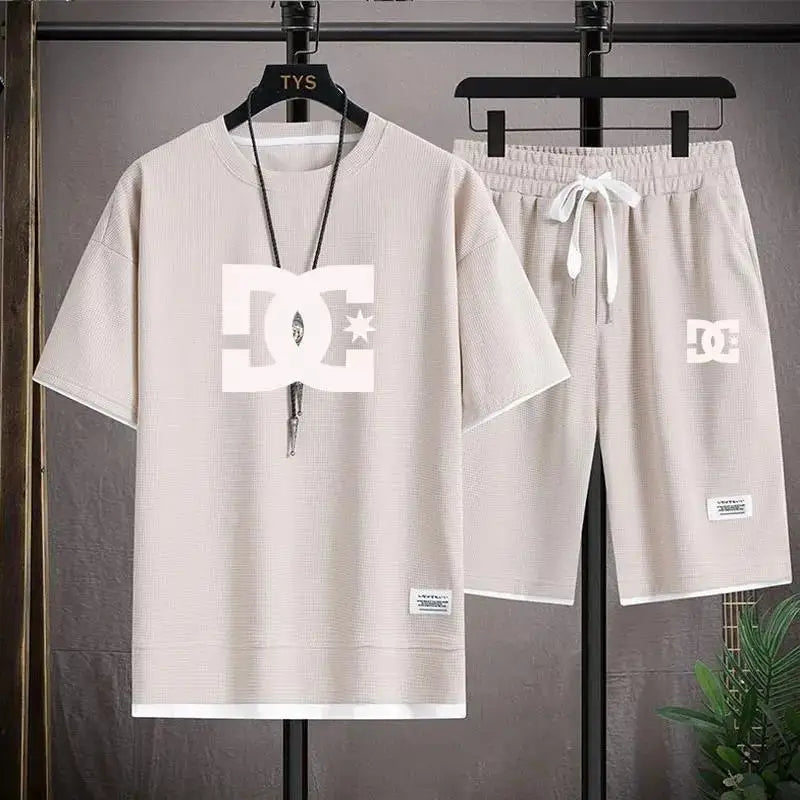 Summer Men's Sets Korean Fashion 2 Piece Set Tracksuits Men Casual Clothing Joggers Plaid T Shirt+Shorts Outfit