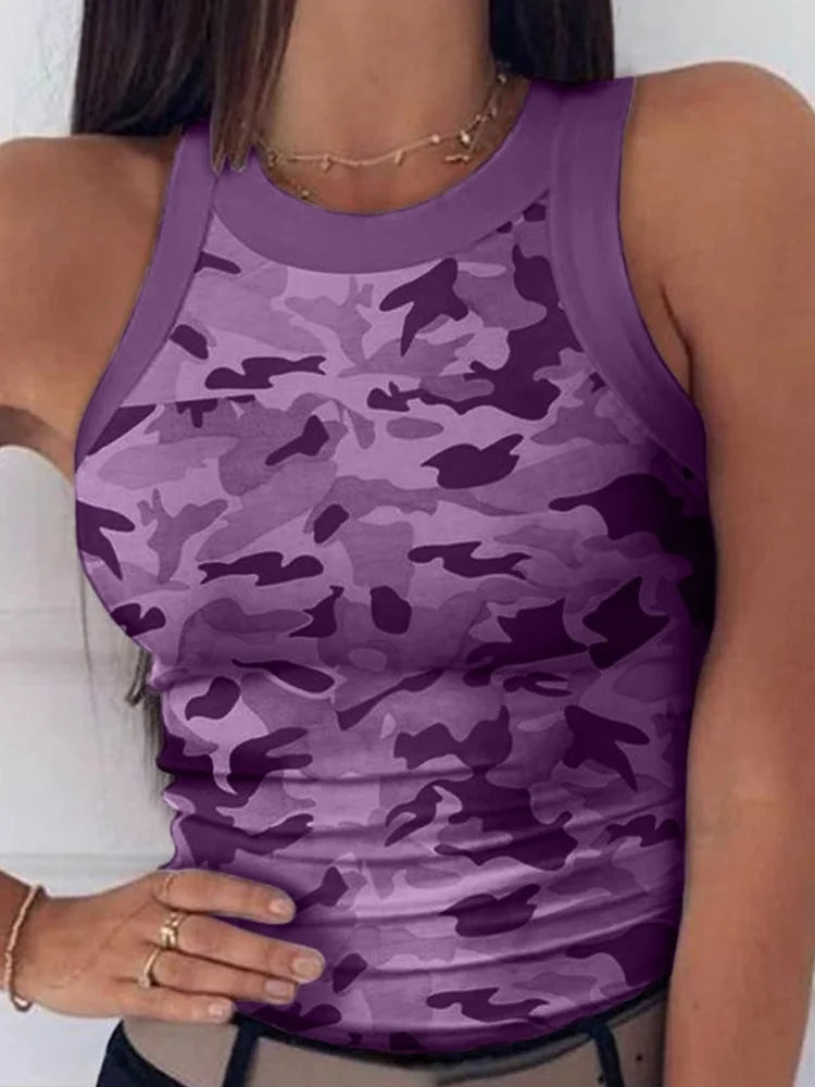 Summer Basic Elastic Tank Top Digital Printing T-shirt Women's O Neck Racerback Sexy Tank Top Stripe Print Sleeveless Tank Top