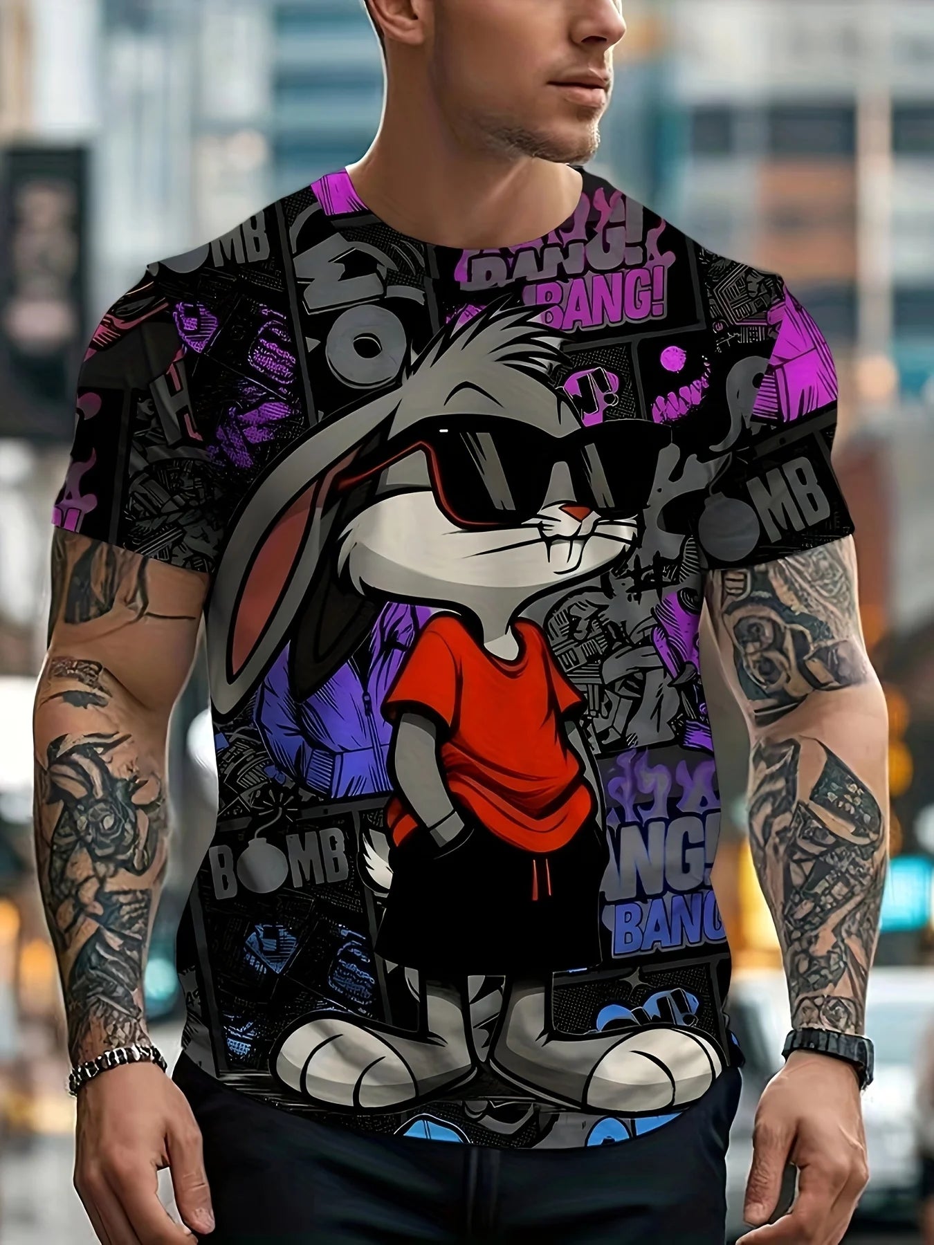 Men's 3D Rabbit Print T-Shirt | Soft Stretch Polyester Fabric | Casual Summer Knit Top with Bold \