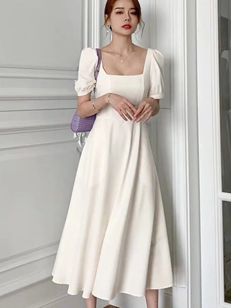 Black Long Dress Women Summer New Vintage Square Collar Dress Korean Elegant White Ins Female Puff Sleeve Vestidos
