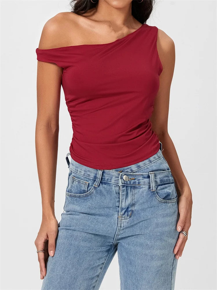 CHRONSTYLE Sexy Women Tank Crop Tops Slim Fit Off Shoulder Sleeveless Solid Color Summer Party Ruched Mini Vest Streetwear 2024