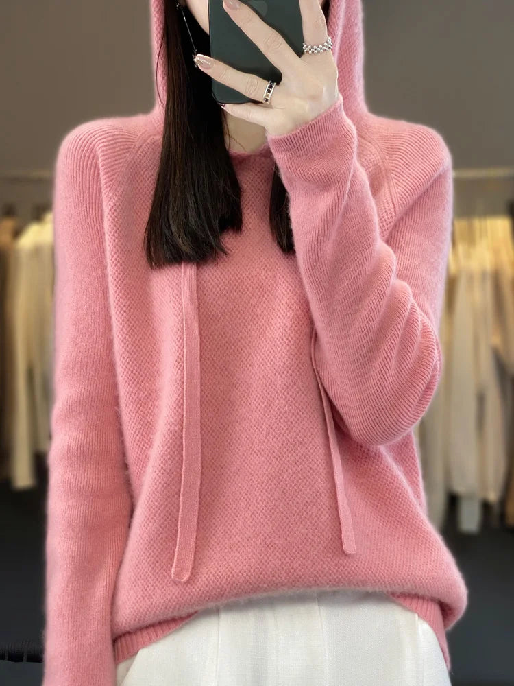 Autumn Winter Women's Cashmere Hooded Pullover Thick Sweater Raglan Sleeve 100% Merino Wool Knitwear Warm Casual Comfortable Top