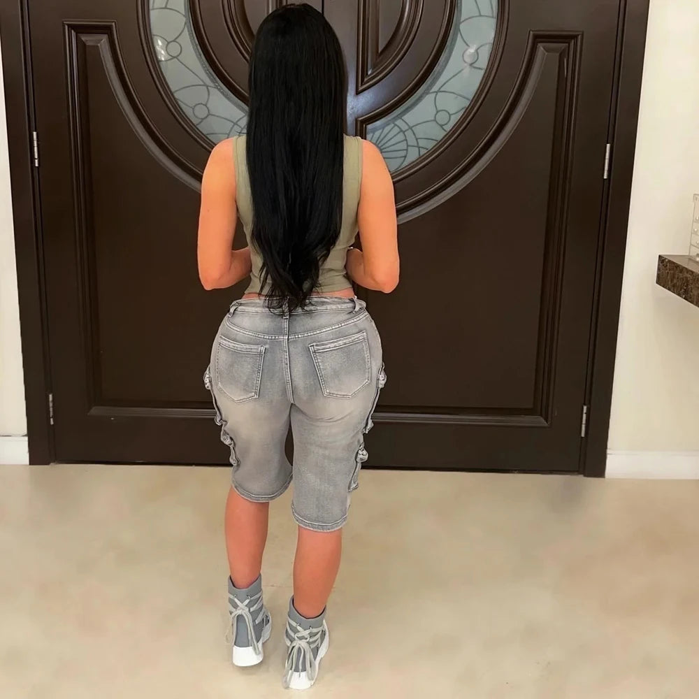 2025 New Summer Women Denim Short Pants Straight Midi Casual Multi Pockets Knee Length Vintage Washed Cargo Feminino Jean Shorts