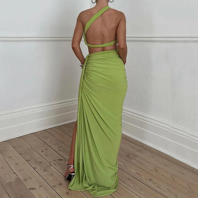 Women Summer 2 Pieces Outfits Solid Color Oblique Shoulder Sleeveless Sexy Tops Wrapped Hip High Waist Slit Long Skirts Sets
