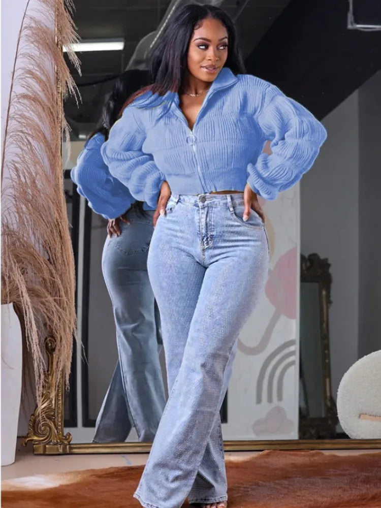 Joskaa Knit Ribbed Lapel Lantern Long Sleeve Cardigan Women Fashion Slim Sweater Coat 2024 Casual Outwear Vintage Streetwear