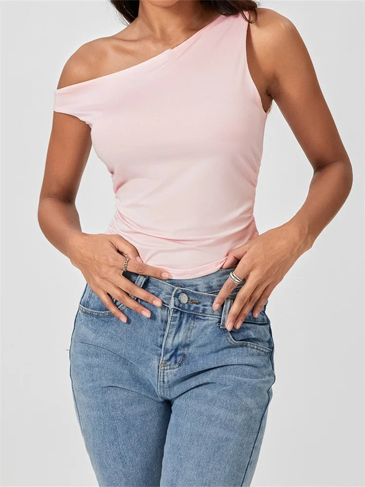 CHRONSTYLE Sexy Women Tank Crop Tops Slim Fit Off Shoulder Sleeveless Solid Color Summer Party Ruched Mini Vest Streetwear 2024