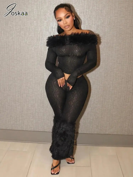 Joskaa Faux Fur Black 2Piece Sets Womens Outfits Sexy Off Shoulder Full Sleeve Crop Tops and Pants Matching 2025 Party Clubwear