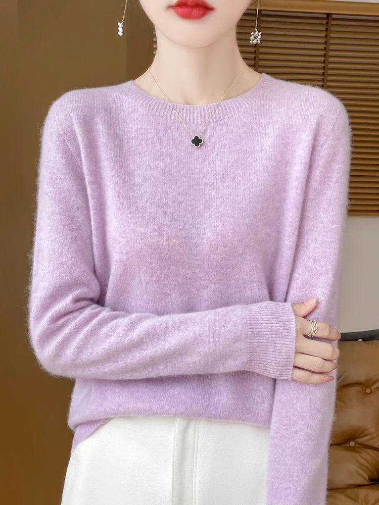 Autumn Winter Women 100% Merino Wool Sweater O-Neck Cashmere Pullover Basic Fashion Clothing Comfort Warm Top Casual Solid
