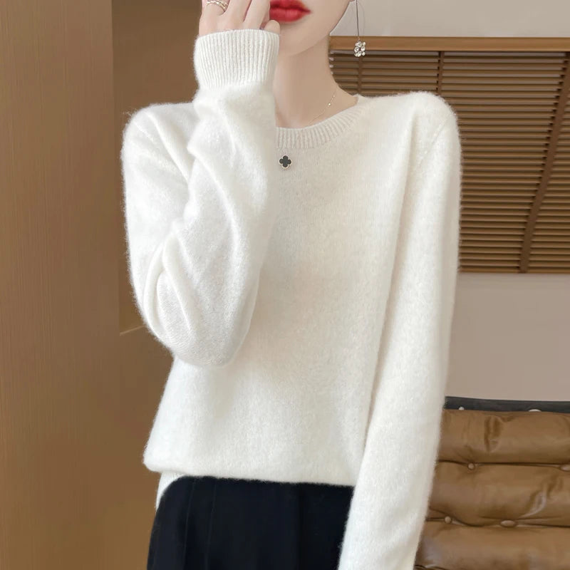 Autumn Winter Women 100% Merino Wool Sweater O-Neck Cashmere Pullover Basic Fashion Clothing Comfort Warm Top Casual Solid