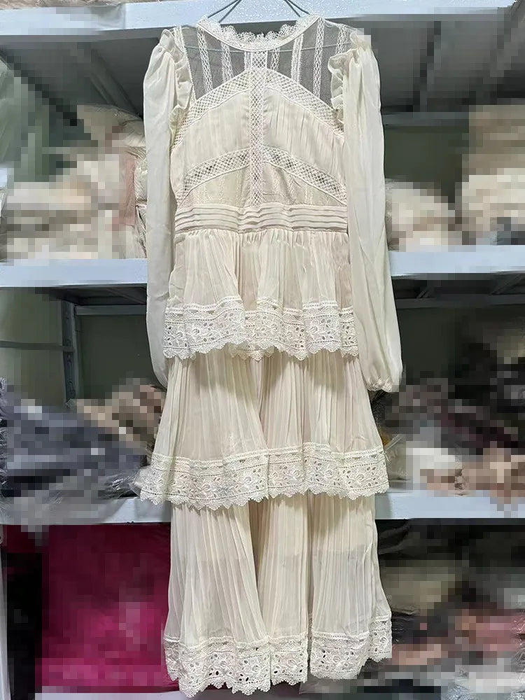 SMTHMA 2025 New Arrival Beige Lace Long Dress High Qulity Luxury Design Runway Dress Short Sleeve Ruffle Summer Dresses Vestidos
