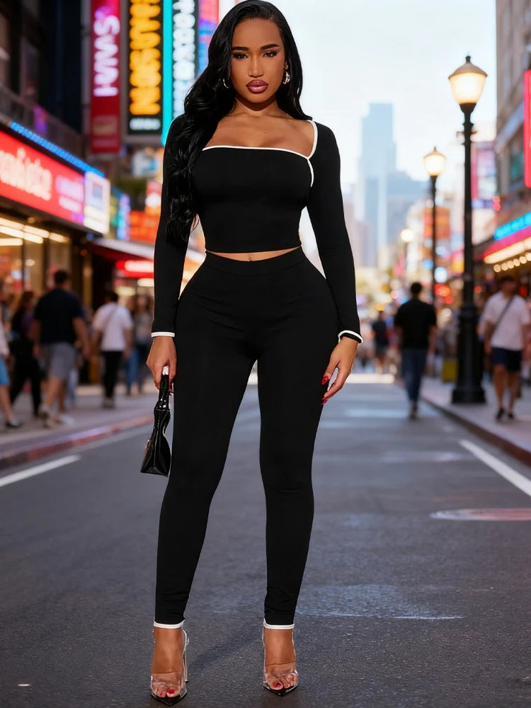 Weird Puss Casual Tracksuit 2-Piece Set Women White Edge Square Collar Crop Top+Leggings Fitness Stretch Slim Matching Outfits