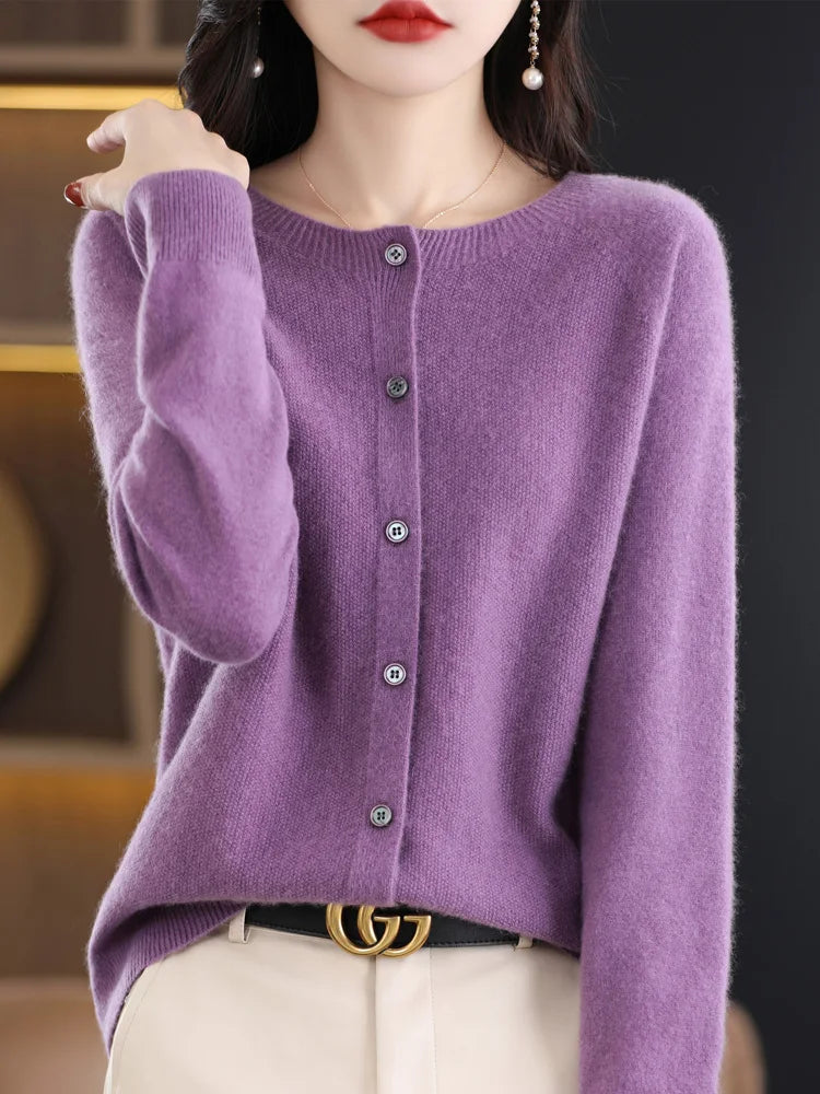 New Fashion Spring 100% Merino Wool Womens O-neck Cardigan Cashmere Sweater 2024 Female Clothing Grace Knitwear Korean Tops