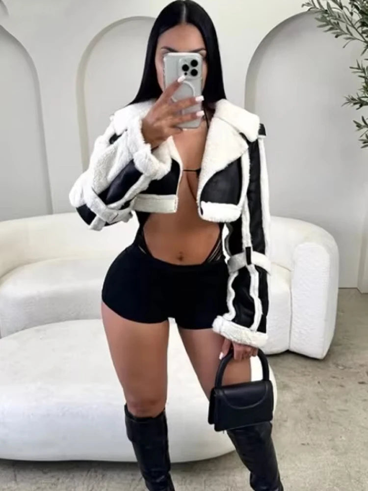 Weird Puss Furry Hipster Crop Jacket Women Patchwork Autumn Full Sleeve Open Stitch Streetwear Warm Outwear Basic Wild Slim Coat