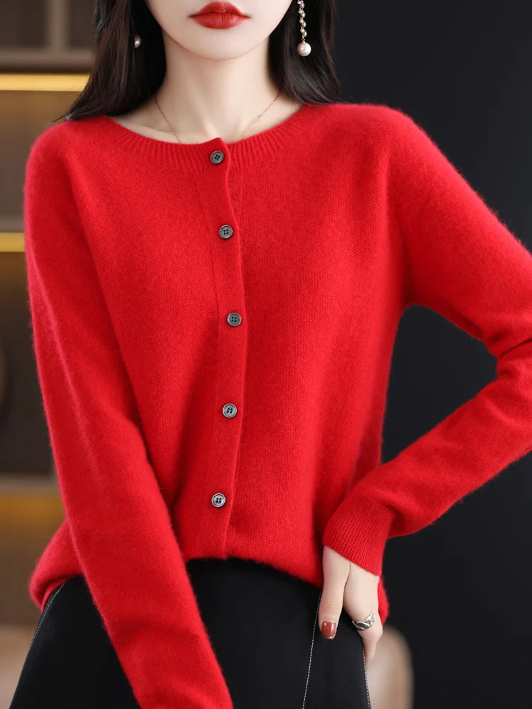 New Fashion Spring 100% Merino Wool Womens O-neck Cardigan Cashmere Sweater 2024 Female Clothing Grace Knitwear Korean Tops