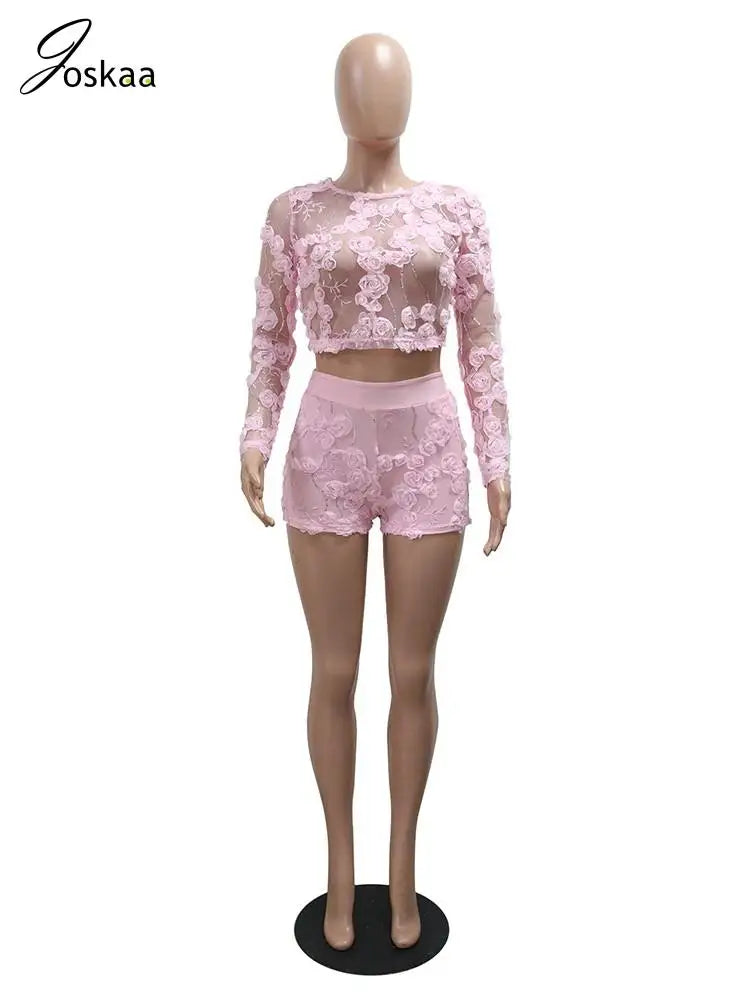 Joskaa 3D Flower Sequins 2 Piece Sets Women Sexy Sheer Full Sleeve Crop Tops and Shorts Matching 2025 Vacation Beach Outfits