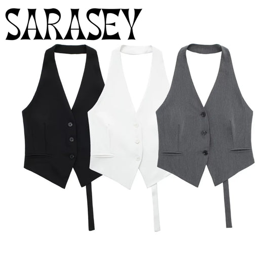 Summer 2025 Women's Sexy Halter Sleeveless Fashion Halter Neck Vest Vest Black and White Short Top