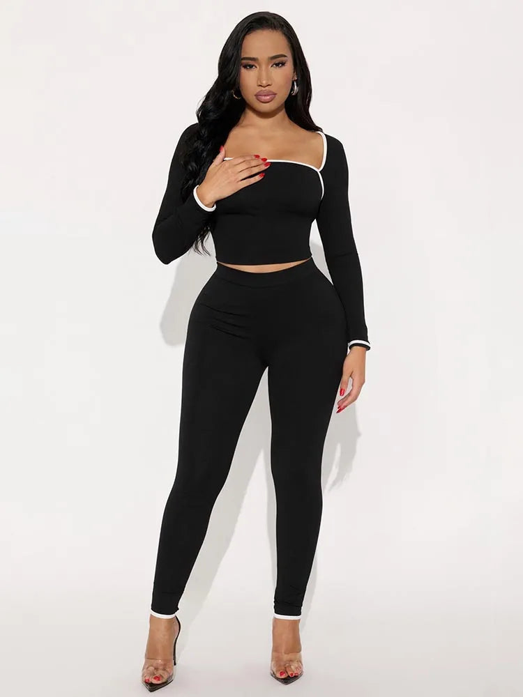 Weird Puss Casual Tracksuit 2-Piece Set Women White Edge Square Collar Crop Top+Leggings Fitness Stretch Slim Matching Outfits