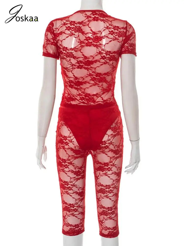 Joskaa 2025 Summer Women's Sexy Lace Two Piece Set Print Hollow Short Sleeve Crop Top+Knee-Length Shorts Matching Y2K Streetwear