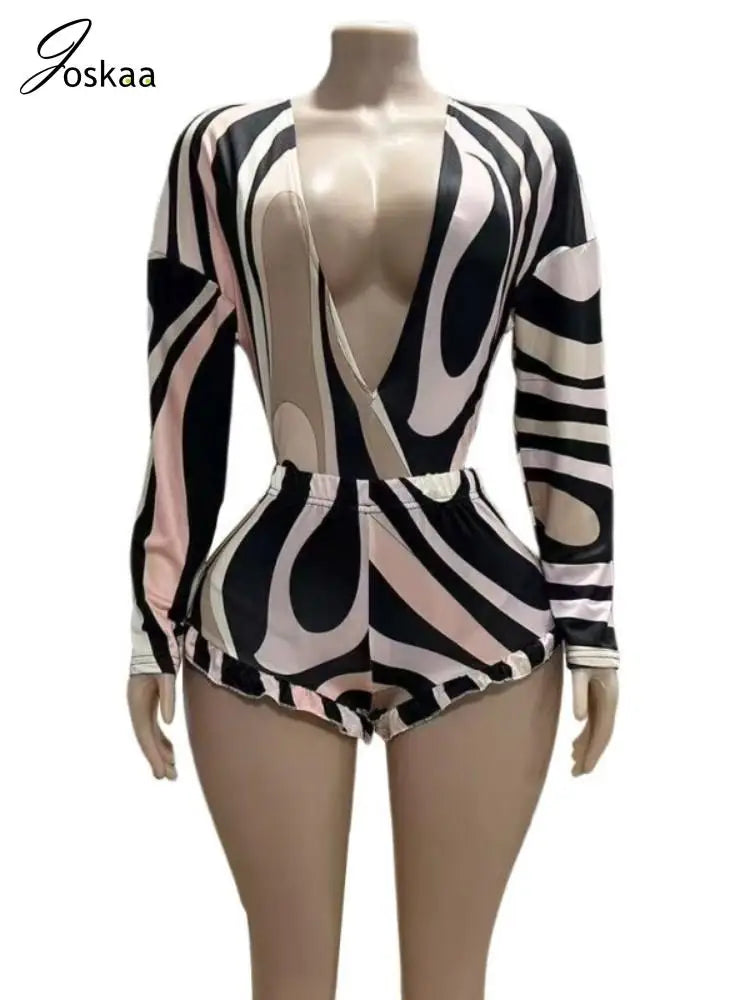Joskaa 2025 Summer Striped Print 2 Piece Set Women Sexy Deep V-Neck Full Sleeve Bodysuit+Mesh Shorts Matching Holiday Streetwear
