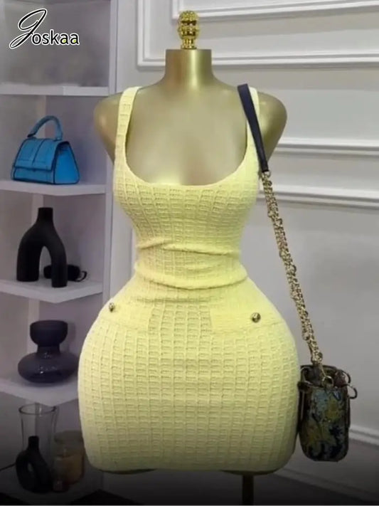 Joskaa 2025 Summer Women's Knitted Dress Sexy U-Neck Sleeveless Bodycon Mini Dresses Holiday Beachwear Vintage Streetwear