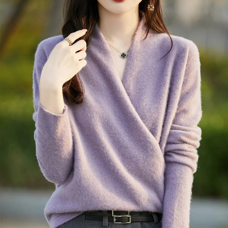 100% Merino Wool Knitwear Women's V-Neck Pullover Sweater Autumn Winter Female Grace Soft Clothes Long Sleeve Warm Fashion Tops