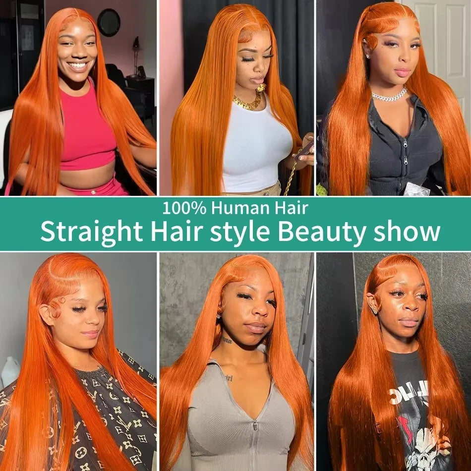250 Density Orange Ginger 13x6 HD Lace Frontal Wig Human Hair Ginger Bone Straight 13x4 Transparent Lace Frontal Colored Wigs