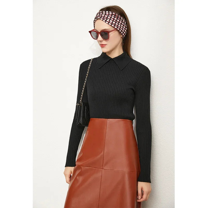 Amii Minimalism 2024 Sweater for Women Autumn New Office Lady Basic Lapel Striped Slim Knitted Tops Solid Trendy Blouse 12444058