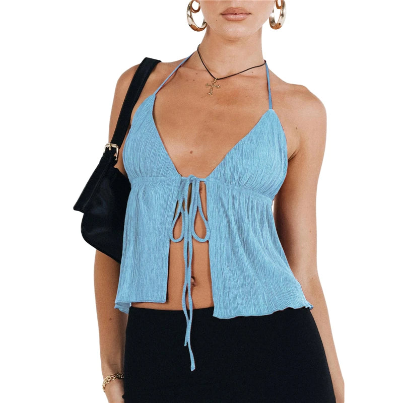 Sexy Summer Cami Top Bowknot Lace-Up Sleeveless Cropped Vest Elegant Youth Clothes Women Fashion Off Shoulder 2024 New