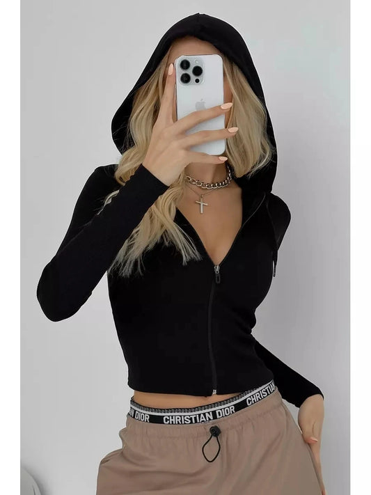 Women's Streetwear  Hip Hop Short Hooded SweatShirt Long Sleeves Cropp Zipper Solid Top Sweatshirt Hoodies