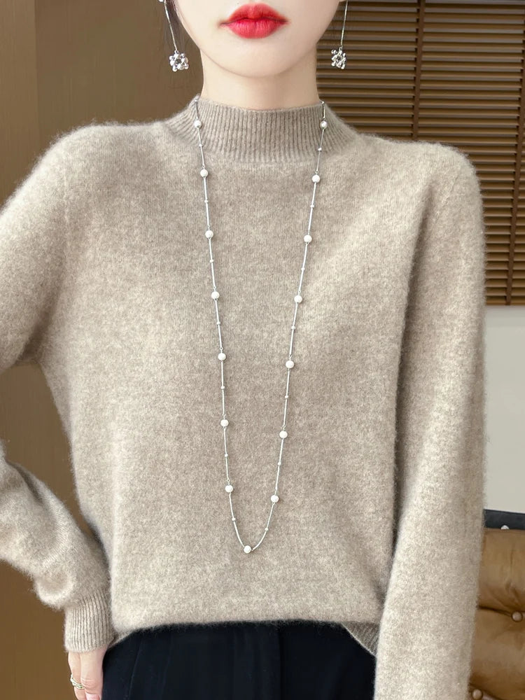 Women's Elegant Basic Style Pullover 100% Merino Wool Knitwear Autumn Winter Warm Solid Casual Loose Exquisite Clothing Tops