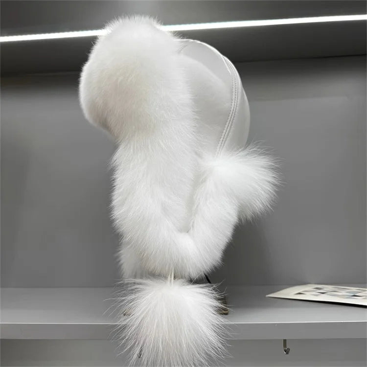 Ms.MinShu Unisex Winter Adjustable Earflap Genuine Black Fox Fur Hat with Sheep leather