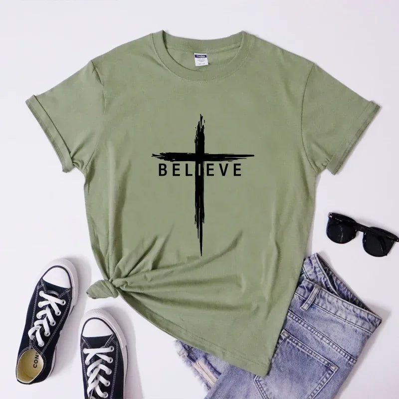 Christian Cross T-Shirt for Women - Inspirational Jesus Christ Tee, Faith Verse Graphic Top, Religious Apparel