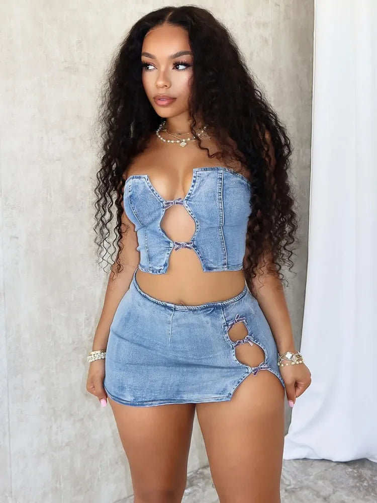 Joskaa Stretch Denim 2 Piece Sets Women Sexy Cutout Tube Tops and Split Mini Hip Skirts Matching Streetwear Party Club Outfits