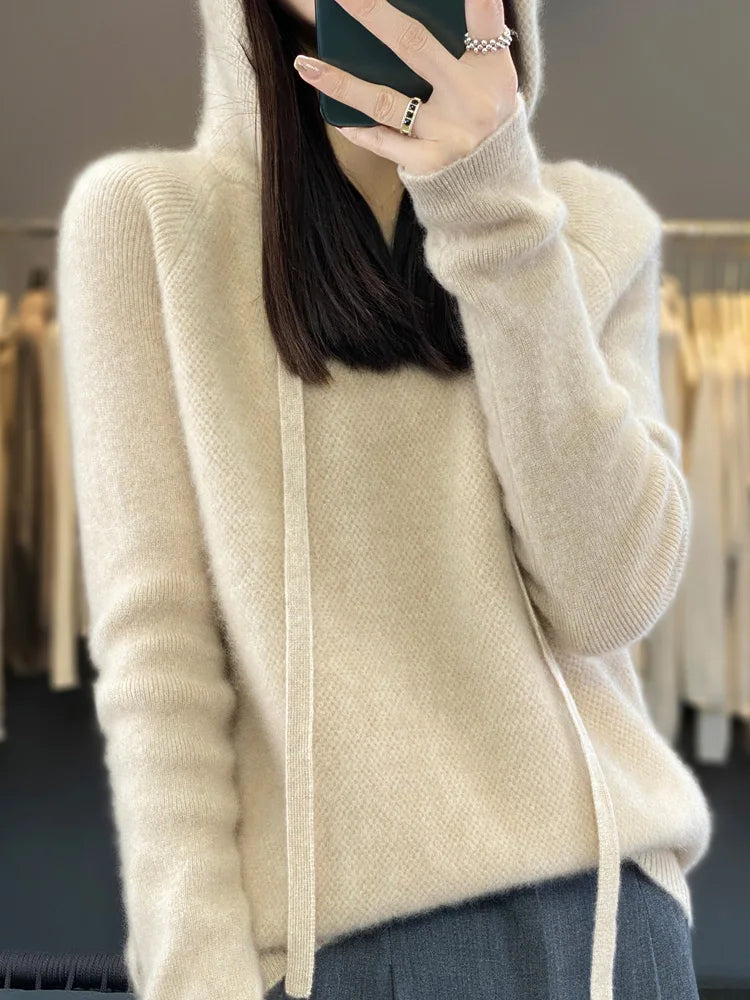 Autumn Winter Women's Cashmere Hooded Pullover Thick Sweater Raglan Sleeve 100% Merino Wool Knitwear Warm Casual Comfortable Top