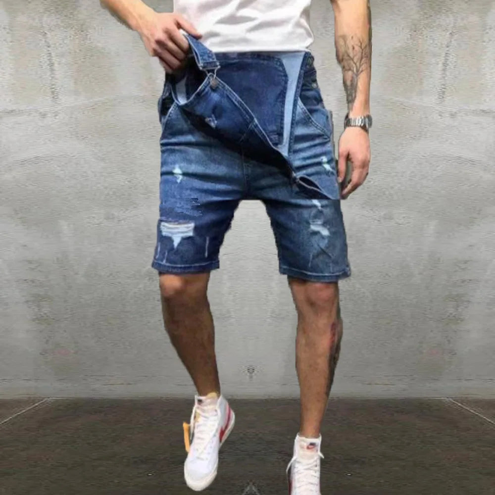 Men Ripped Jeans Jumpsuits Streetwear Distressed Stretch Denim Overalls for Man Jeans Suspender Knee Length Pants Male Rompers
